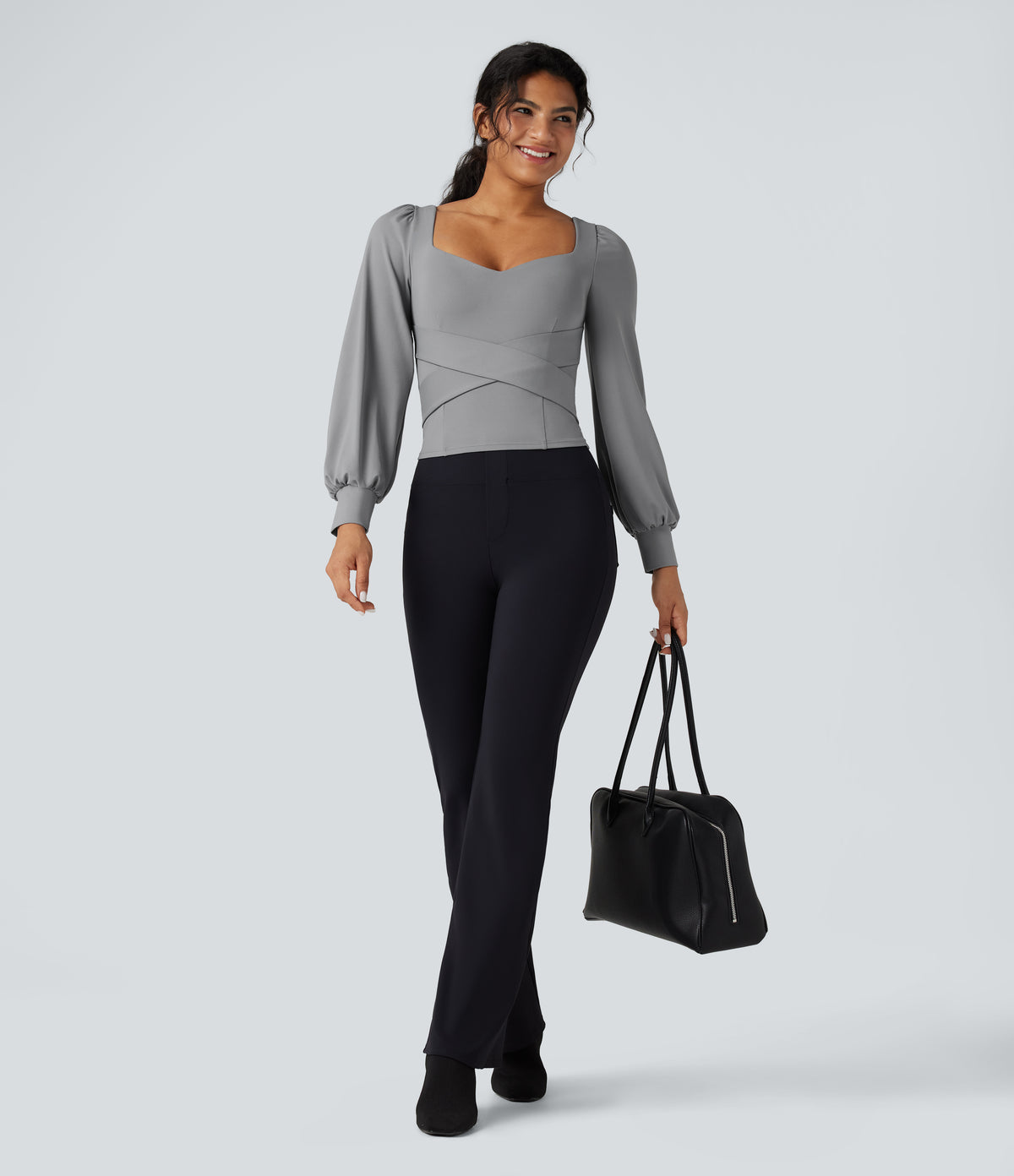 Push-Up Molded Cups Sweetheart Neck Puff Sleeve Crossover Work Top A/B Cup — Ultimate Gray — view 6