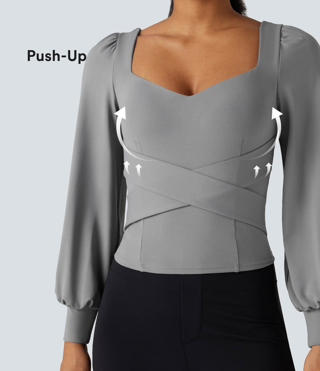 Push-Up Molded Cups Sweetheart Neck Puff Sleeve Crossover Work Top A/B Cup — Ultimate Gray — view 1