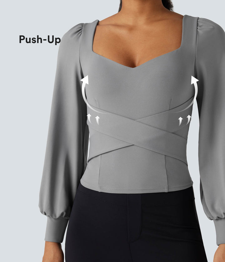 Push-Up Molded Cups Sweetheart Neck Puff Sleeve Crossover Work Top A/B Cup — Ultimate Gray — view 1