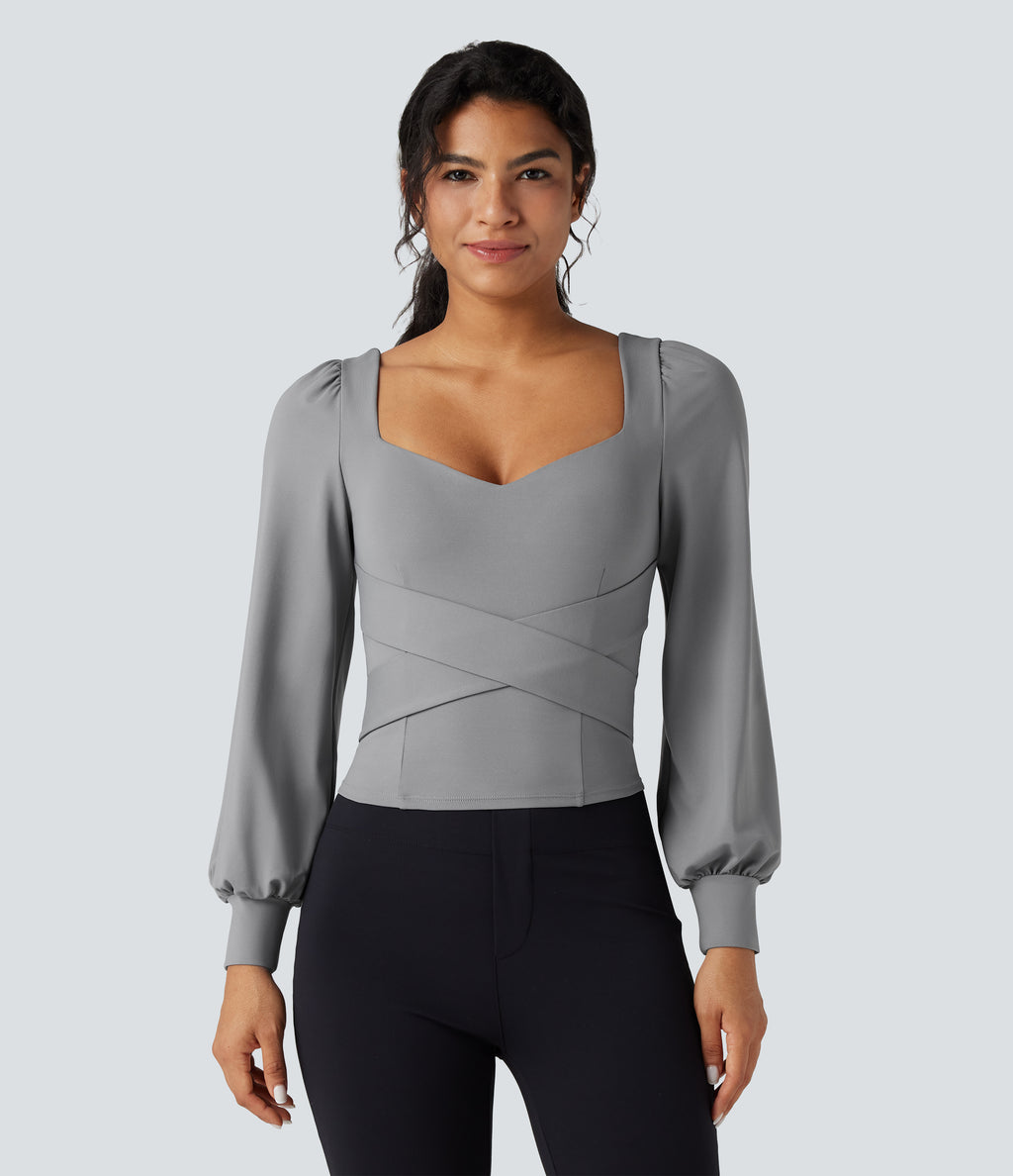 Push-Up Molded Cups Sweetheart Neck Puff Sleeve Crossover Work Top A/B Cup — Ultimate Gray — view 4