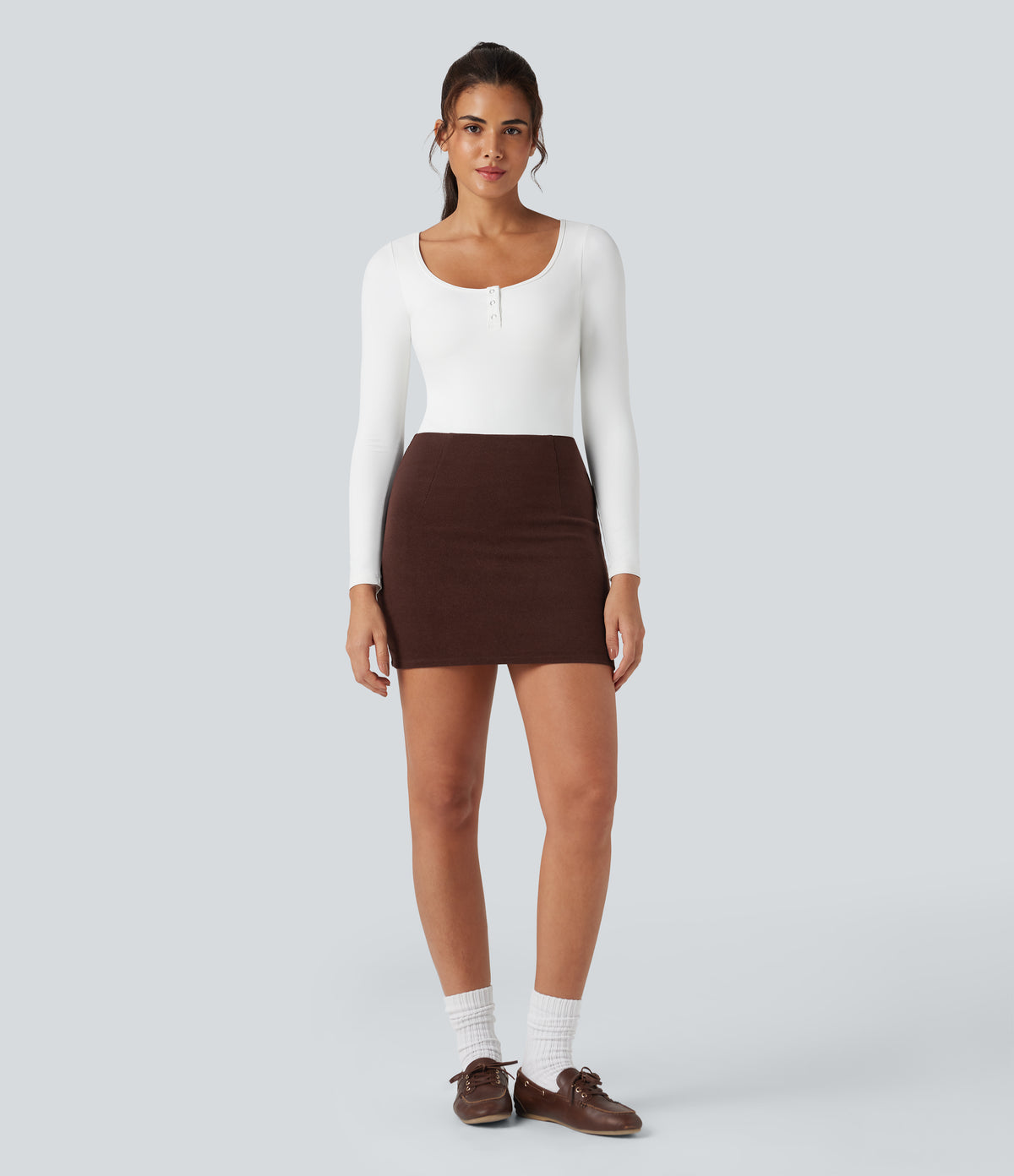 Ribbed Knit High Waisted 2-in-1 Bodycon Mini Casual Skirt — Bitter Chocolate — view 5