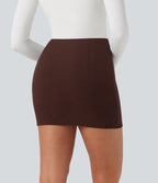 Ribbed Knit High Waisted 2-in-1 Bodycon Mini Casual Skirt — Bitter Chocolate — view 2