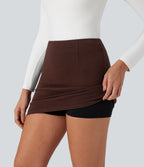 Ribbed Knit High Waisted 2-in-1 Bodycon Mini Casual Skirt — Bitter Chocolate — view 3