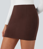 Ribbed Knit High Waisted 2-in-1 Bodycon Mini Casual Skirt — Bitter Chocolate — view 4