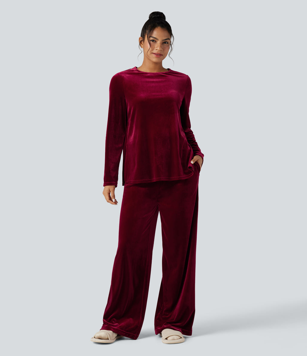 Round Neck Long Sleeve Split Hem Velvet Lounge Top — Sangria — view 6