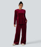 Round Neck Long Sleeve Split Hem Velvet Lounge Top — Sangria — view 6