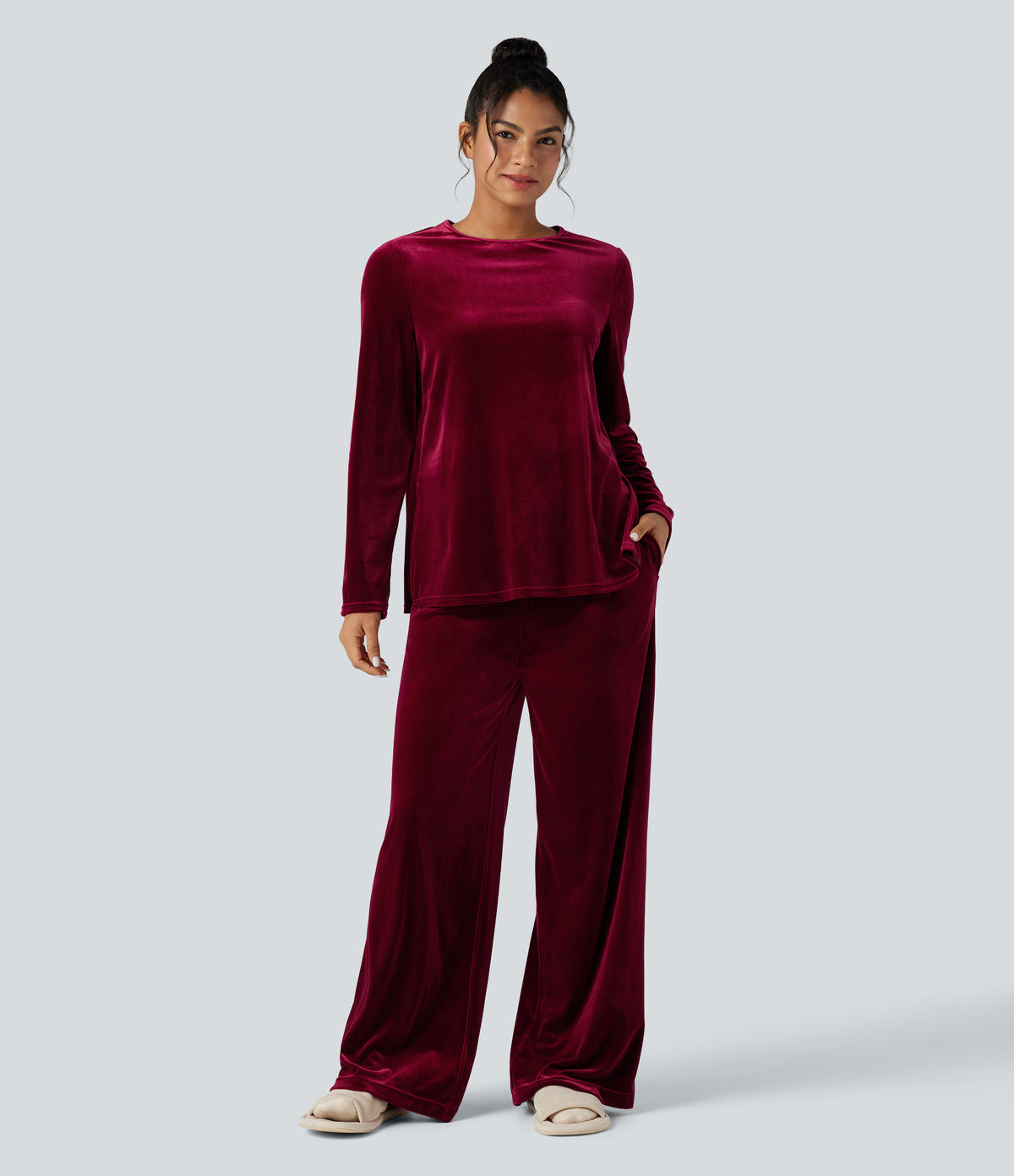 Round Neck Long Sleeve Split Hem Velvet Lounge Top — Sangria — view 6