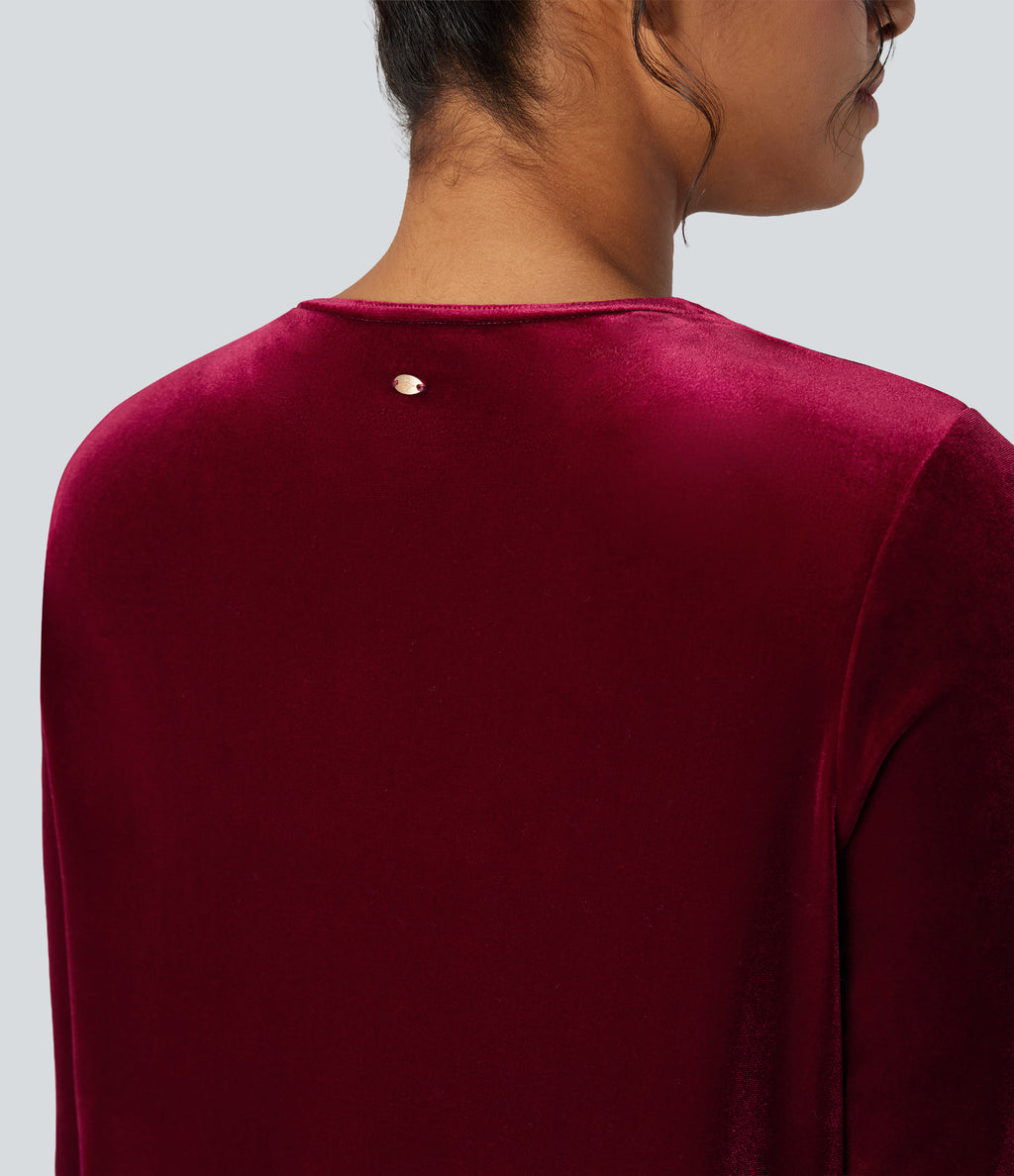 Round Neck Long Sleeve Split Hem Velvet Lounge Top — Sangria — view 4