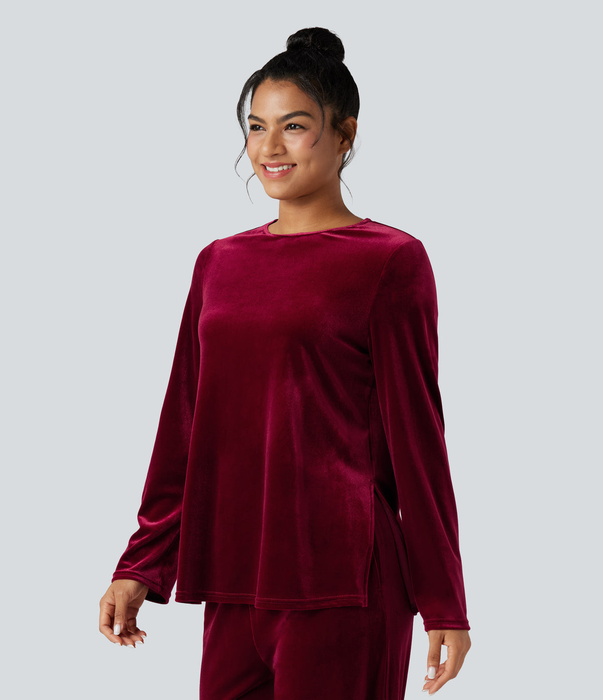 Round Neck Long Sleeve Split Hem Velvet Lounge Top — Sangria — view 3