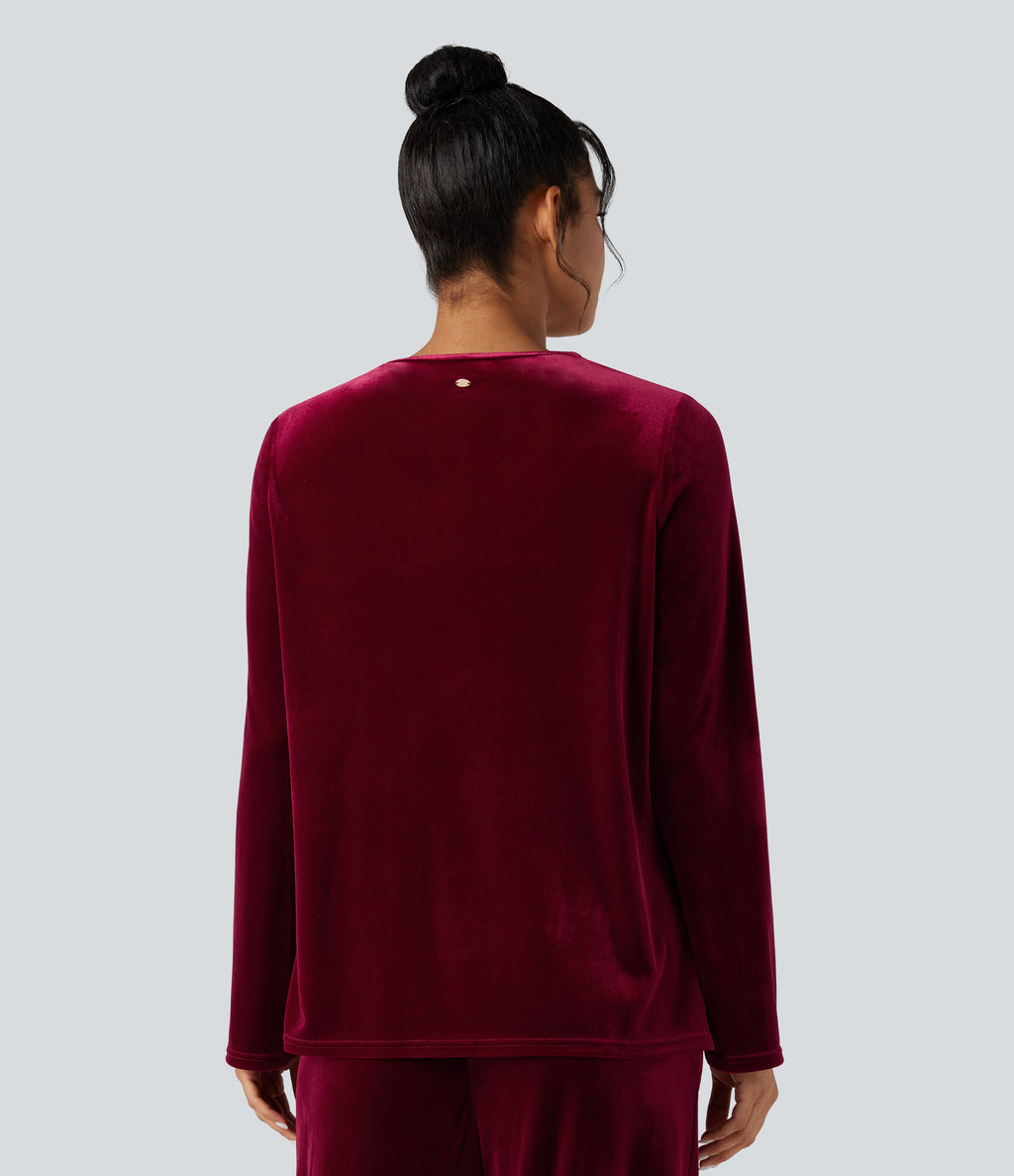 Round Neck Long Sleeve Split Hem Velvet Lounge Top — Sangria — view 2