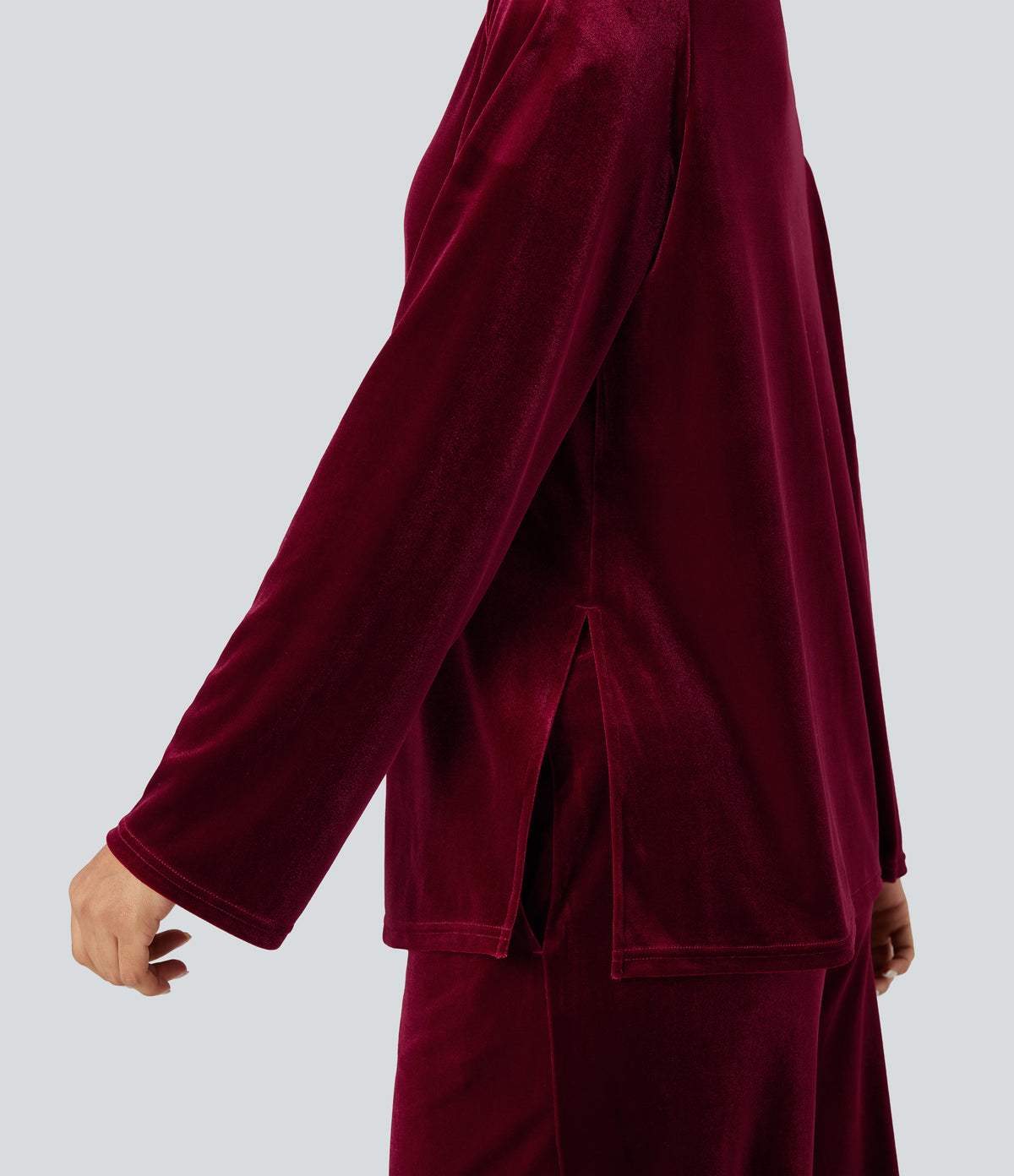 Round Neck Long Sleeve Split Hem Velvet Lounge Top — Sangria — view 5