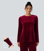 Round Neck Long Sleeve Split Hem Velvet Lounge Top — Sangria — view 1