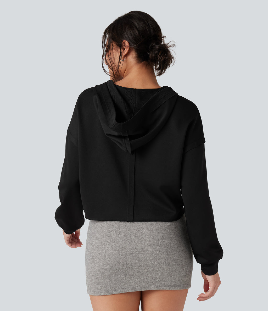 Hooded Long Sleeve Relaxed Casual Sweatshirt — Black — view 2