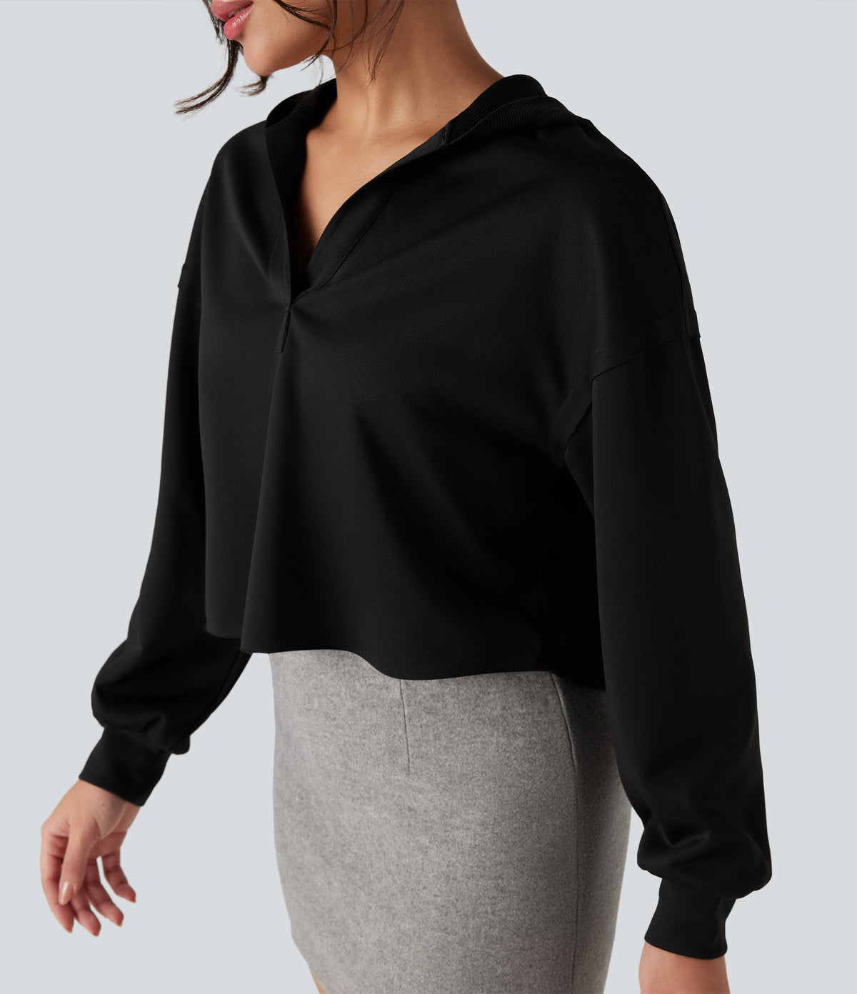 Hooded Long Sleeve Relaxed Casual Sweatshirt — Black — view 4