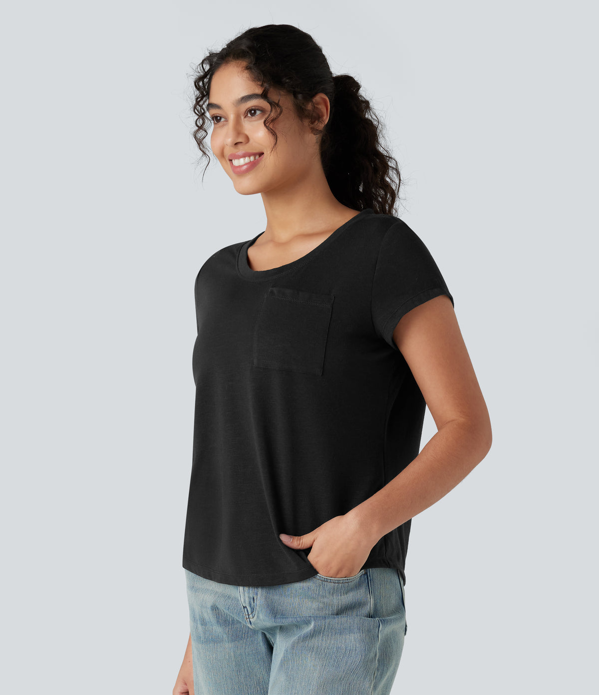 Round Neck Short Sleeve Casual Top with Pocket — Black — view 5