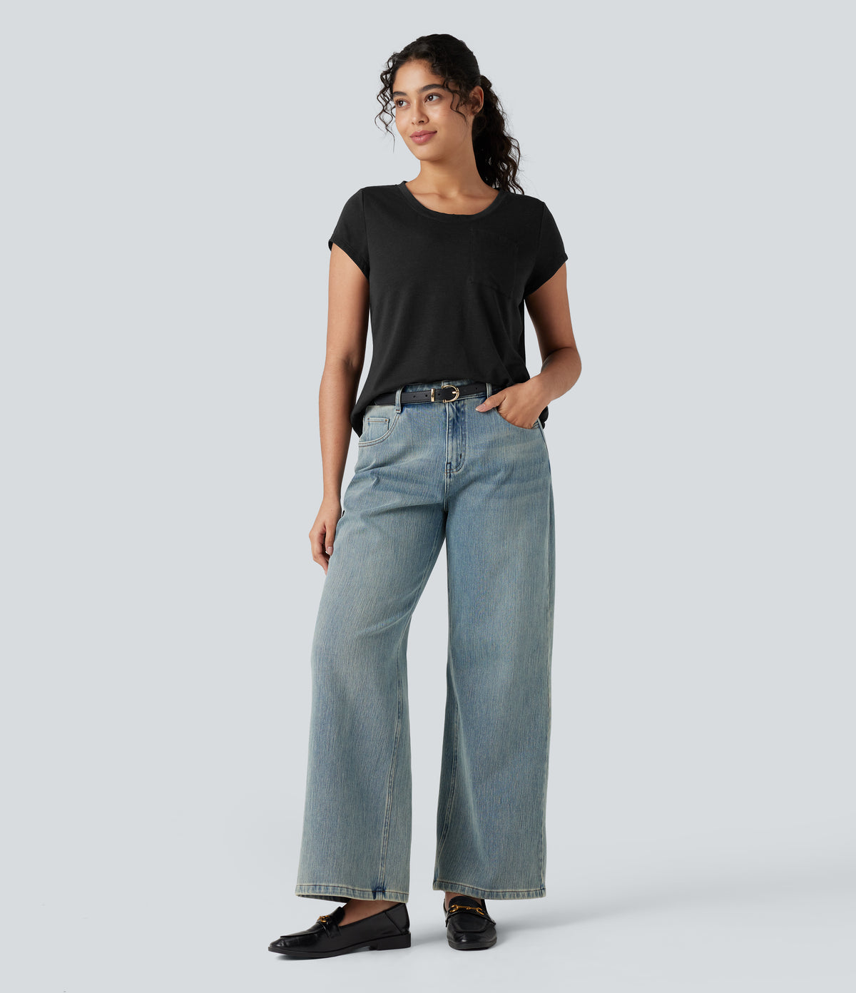 Round Neck Short Sleeve Casual Top with Pocket — Black — view 6
