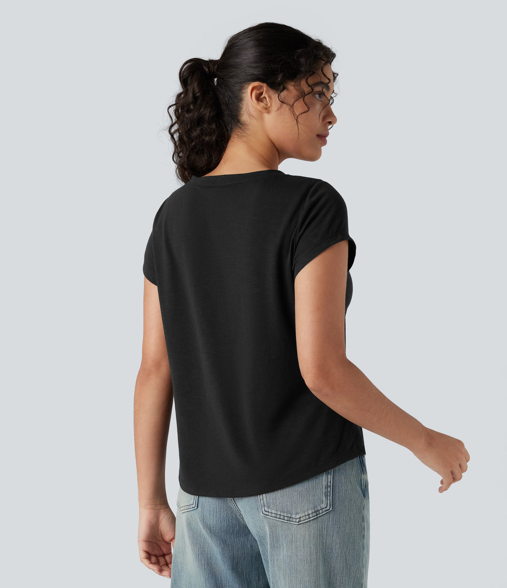 Round Neck Short Sleeve Casual Top with Pocket — Black — view 3