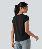 Round Neck Short Sleeve Casual Top with Pocket — Black — view 3