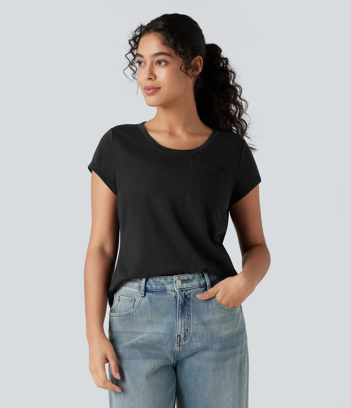 Round Neck Short Sleeve Casual Top with Pocket — Black — view 2