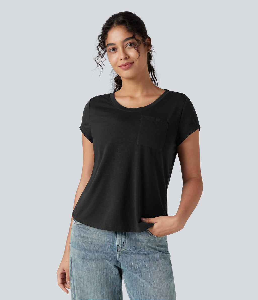 Round Neck Short Sleeve Casual Top with Pocket — Black — view 4