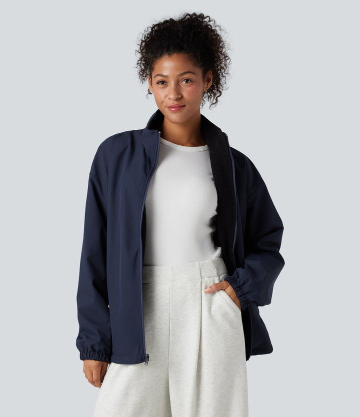 Reversible High Neck Long Sleeve Zipper Fleece Hiking Jacket with Pockets (Two Looks in One) — Navy Blazer — view 1