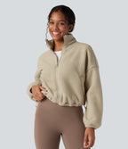 High Neck Long Sleeve Zipper Fleece Workout Jacket with Pockets — White Pepper — view 2