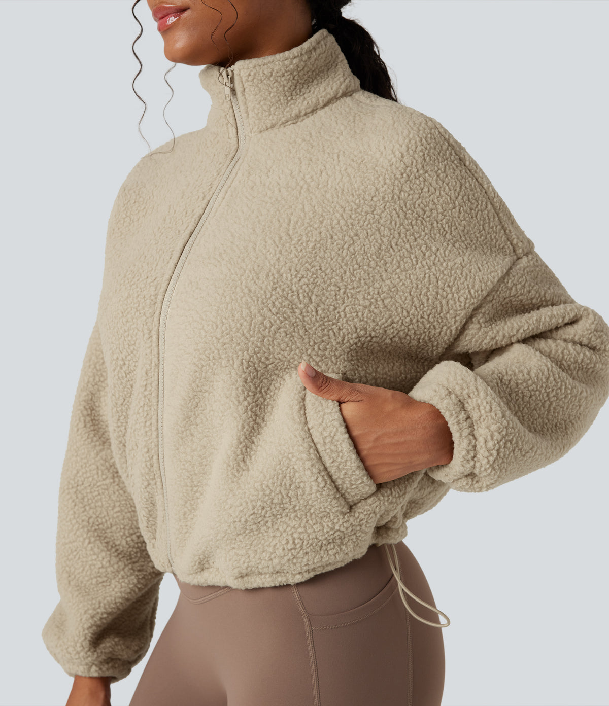High Neck Long Sleeve Zipper Fleece Workout Jacket with Pockets — White Pepper — view 6