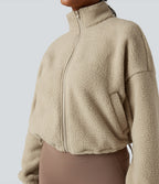 High Neck Long Sleeve Zipper Fleece Workout Jacket with Pockets — White Pepper — view 7