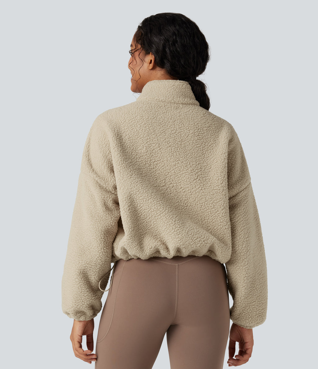 High Neck Long Sleeve Zipper Fleece Workout Jacket with Pockets — White Pepper — view 3