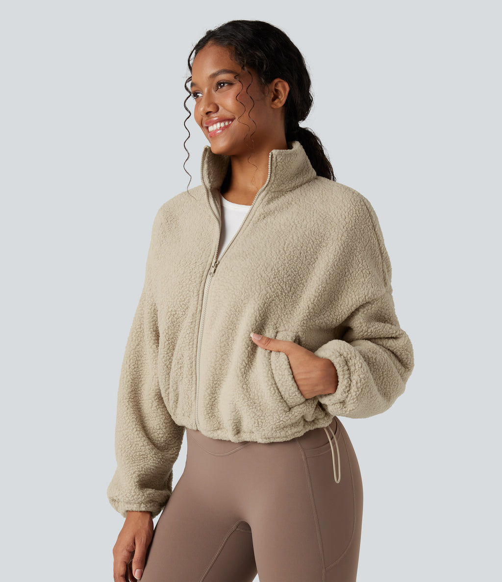 High Neck Long Sleeve Zipper Fleece Workout Jacket with Pockets — White Pepper — view 4
