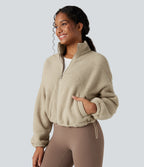High Neck Long Sleeve Zipper Fleece Workout Jacket with Pockets — White Pepper — view 4