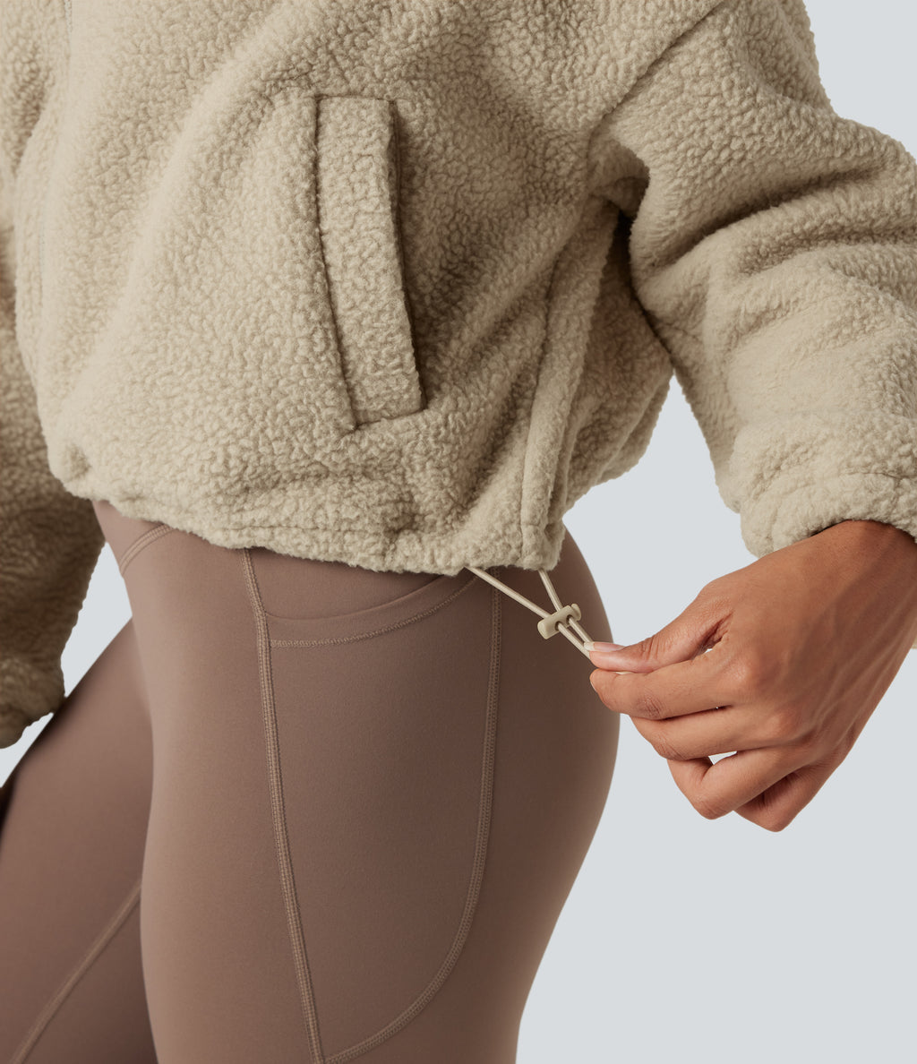 High Neck Long Sleeve Zipper Fleece Workout Jacket with Pockets — White Pepper — view 5