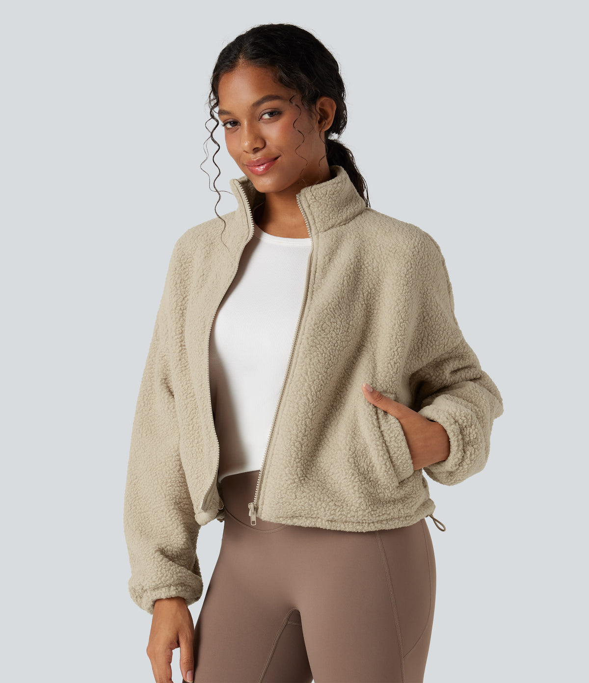 High Neck Long Sleeve Zipper Fleece Workout Jacket with Pockets — White Pepper — view 1