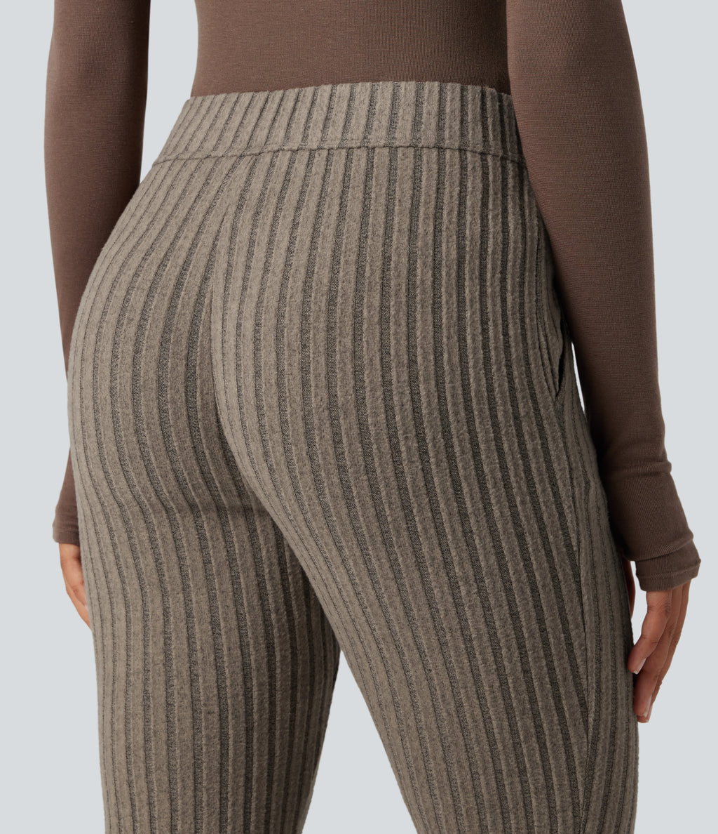 Ribbed Knit Mid Rise Button Split Hem Fleece Casual Flared Trousers with Pockets — Mottled Wood Brown — view 5