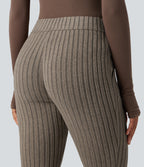 Ribbed Knit Mid Rise Button Split Hem Fleece Casual Flared Trousers with Pockets — Mottled Wood Brown — view 5