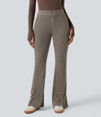 Ribbed Knit Mid Rise Button Split Hem Fleece Casual Flared Trousers with Pockets — Mottled Wood Brown — view 1