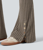 Ribbed Knit Mid Rise Button Split Hem Fleece Casual Flared Trousers with Pockets — Mottled Wood Brown — view 6