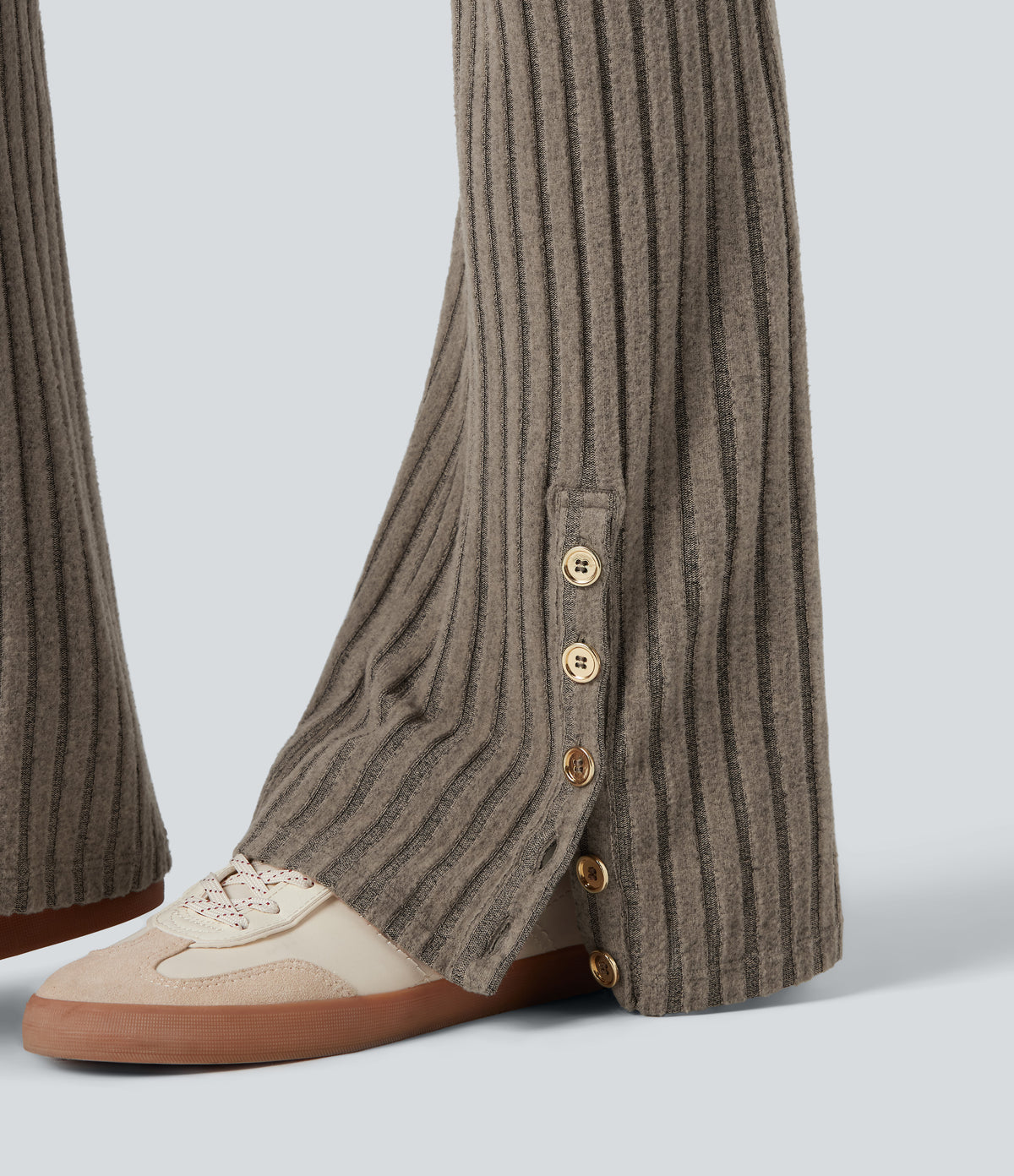 Ribbed Knit Mid Rise Button Split Hem Fleece Casual Flared Trousers with Pockets — Mottled Wood Brown — view 6
