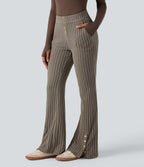 Ribbed Knit Mid Rise Button Split Hem Fleece Casual Flared Trousers with Pockets — Mottled Wood Brown — view 3