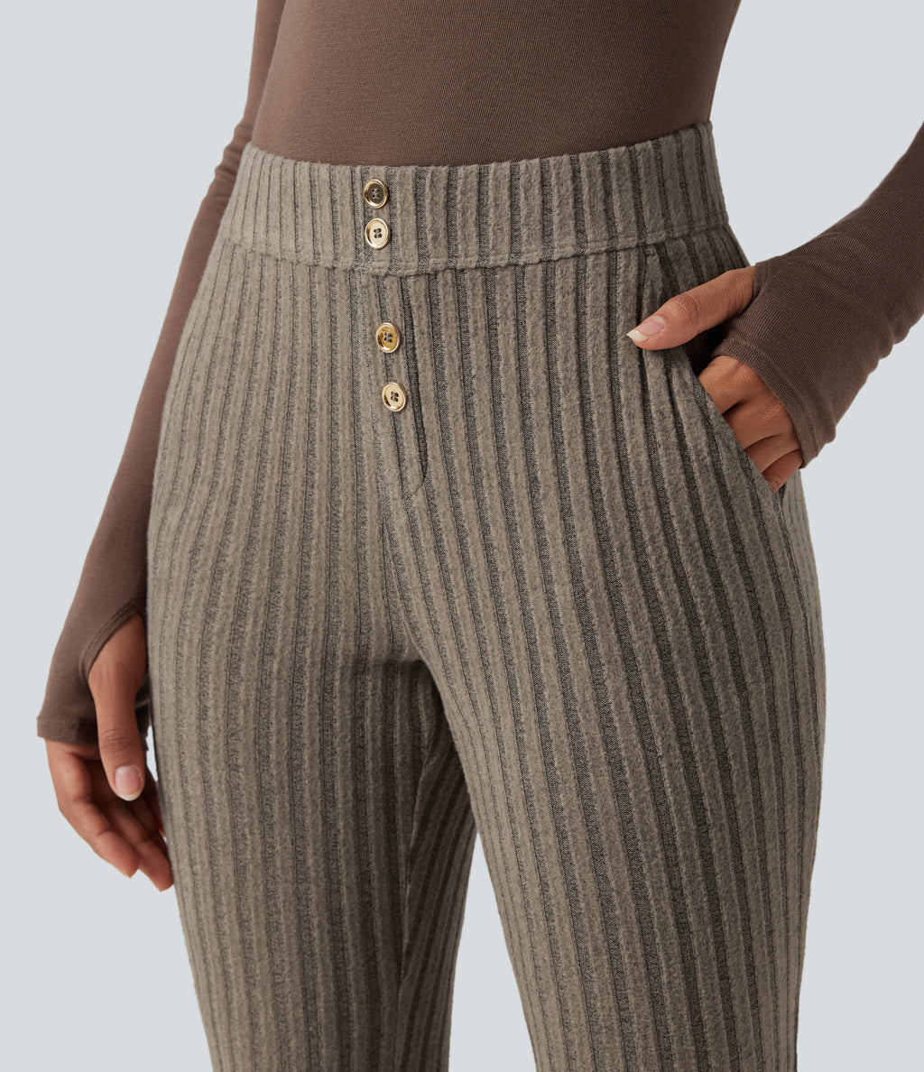 Ribbed Knit Mid Rise Button Split Hem Fleece Casual Flared Trousers with Pockets — Mottled Wood Brown — view 4