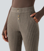 Ribbed Knit Mid Rise Button Split Hem Fleece Casual Flared Trousers with Pockets — Mottled Wood Brown — view 4