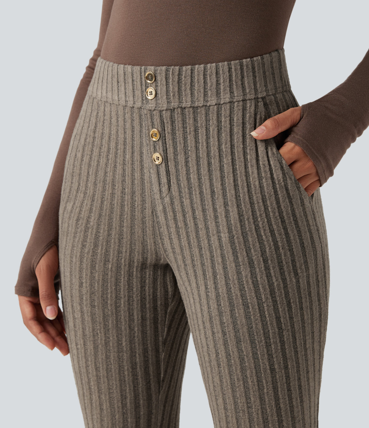 Ribbed Knit Mid Rise Button Split Hem Fleece Casual Flared Trousers with Pockets — Mottled Wood Brown — view 4
