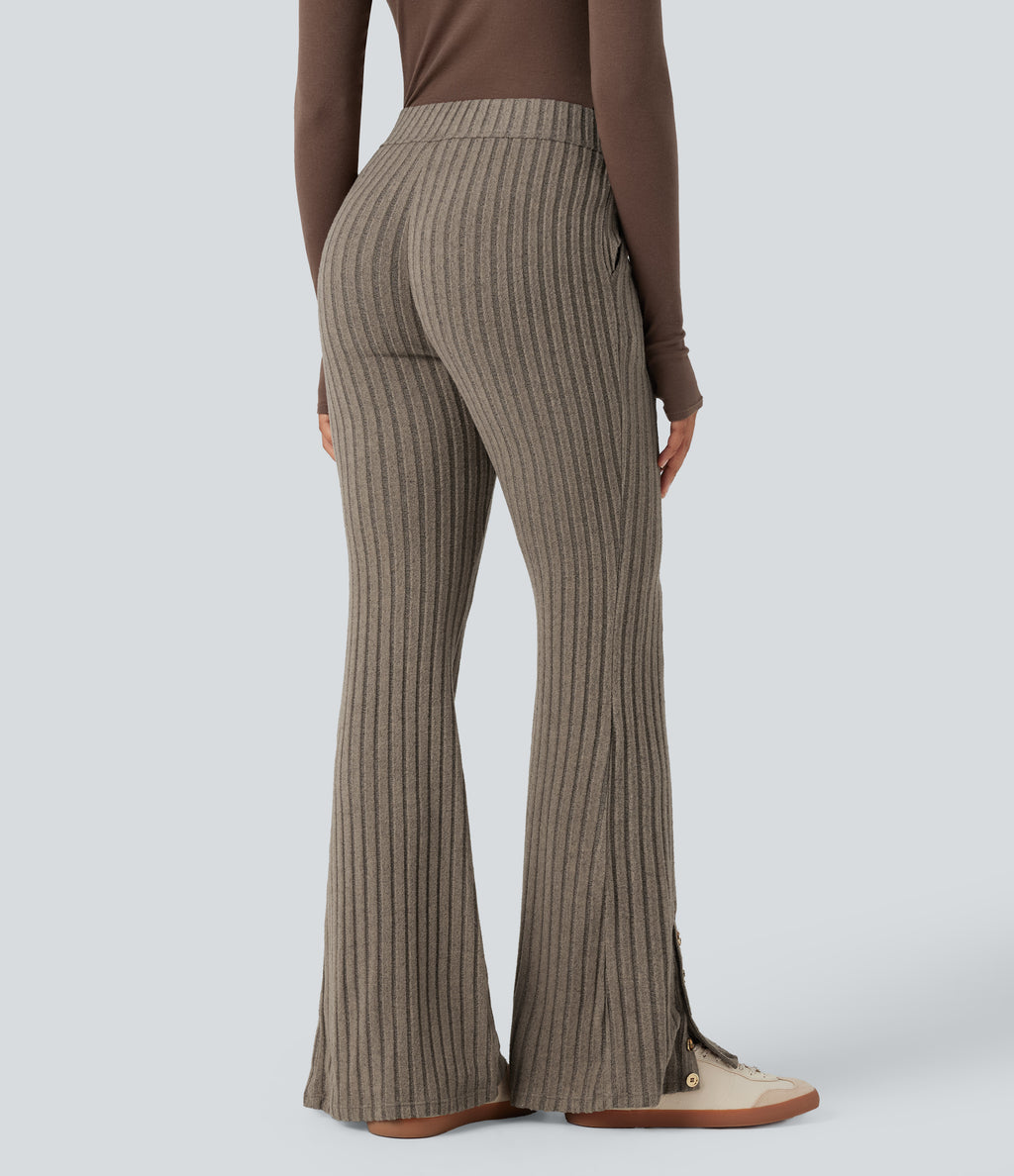Ribbed Knit Mid Rise Button Split Hem Fleece Casual Flared Trousers with Pockets — Mottled Wood Brown — view 2