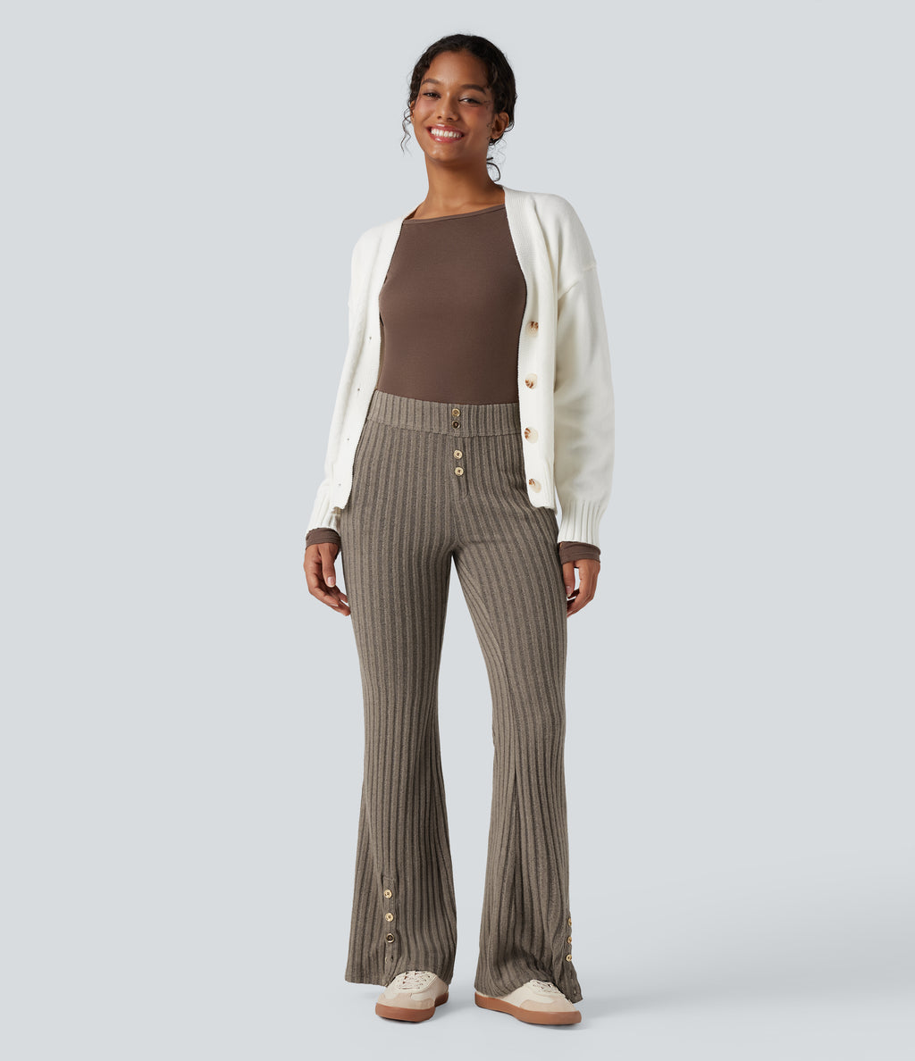 Ribbed Knit Mid Rise Button Split Hem Fleece Casual Flared Trousers with Pockets — Mottled Wood Brown — view 7