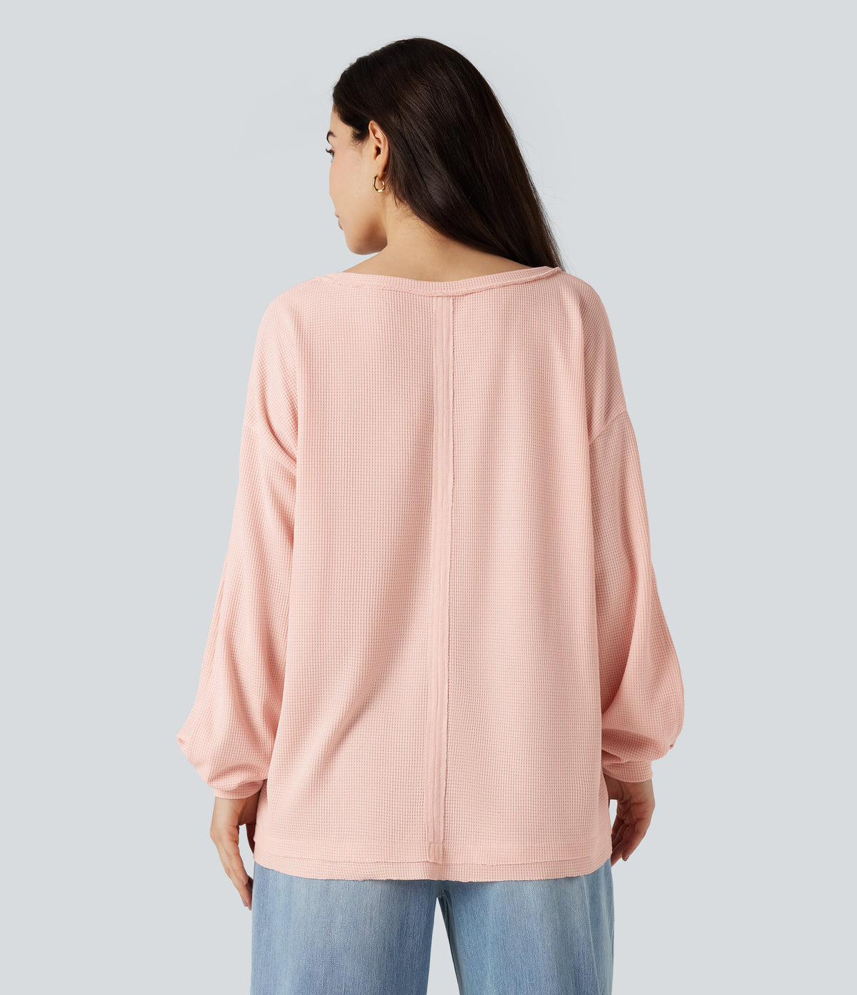 Scoop Neck Long Sleeve Waffle Casual Sweatshirt — Pearl Blush — view 2