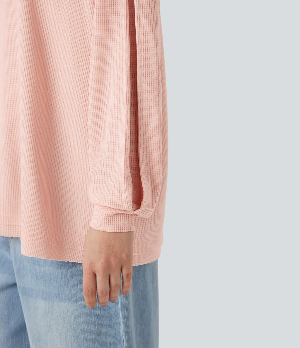 Scoop Neck Long Sleeve Waffle Casual Sweatshirt — Pearl Blush — view 6
