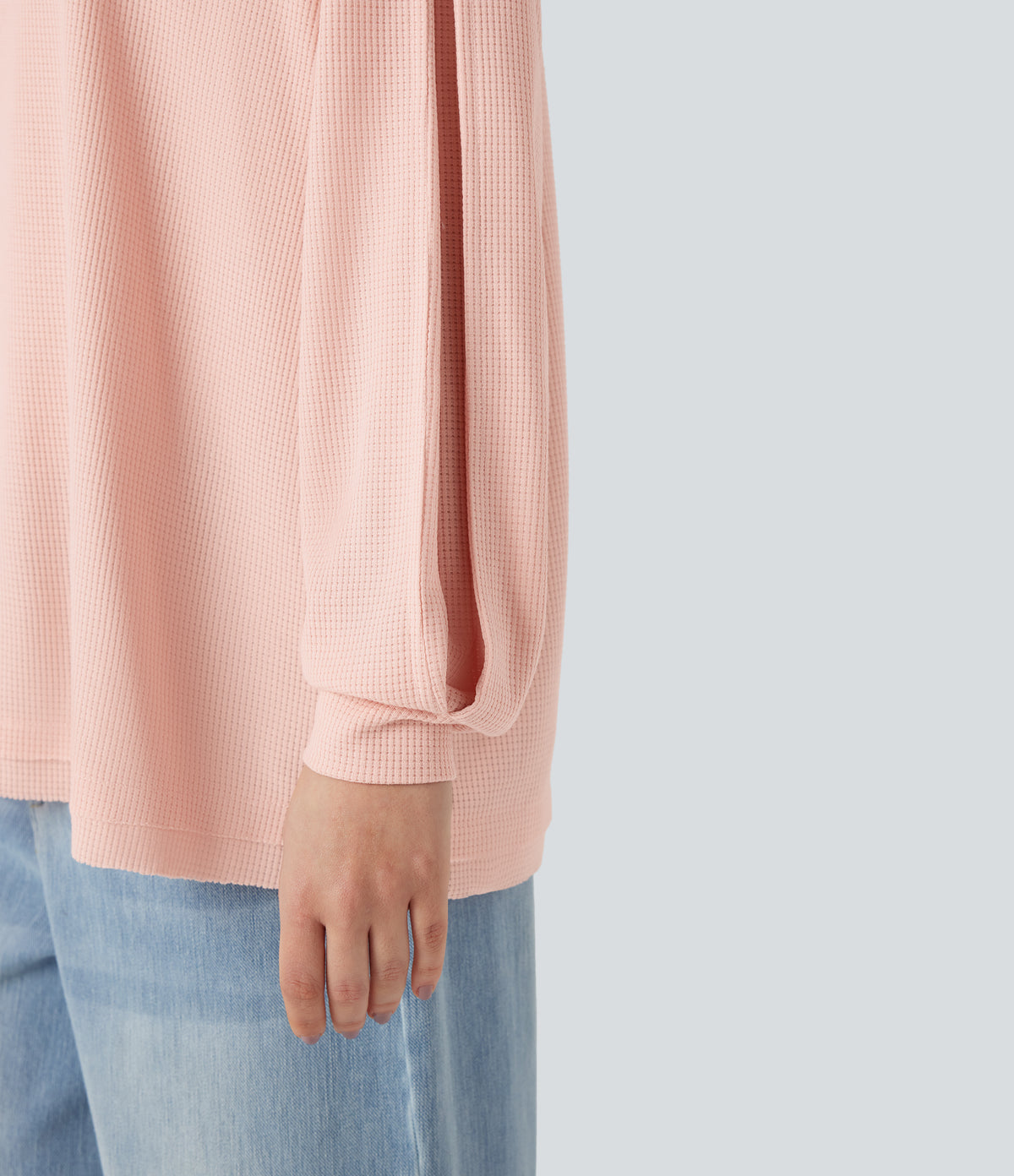Scoop Neck Long Sleeve Waffle Casual Sweatshirt — Pearl Blush — view 6