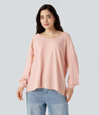 Scoop Neck Long Sleeve Waffle Casual Sweatshirt — Pearl Blush — view 3