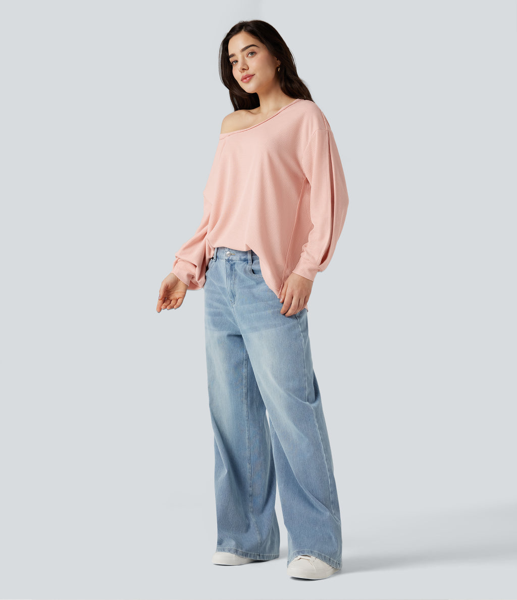 Scoop Neck Long Sleeve Waffle Casual Sweatshirt — Pearl Blush — view 7