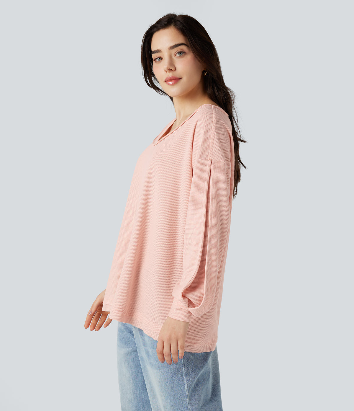 Scoop Neck Long Sleeve Waffle Casual Sweatshirt — Pearl Blush — view 1